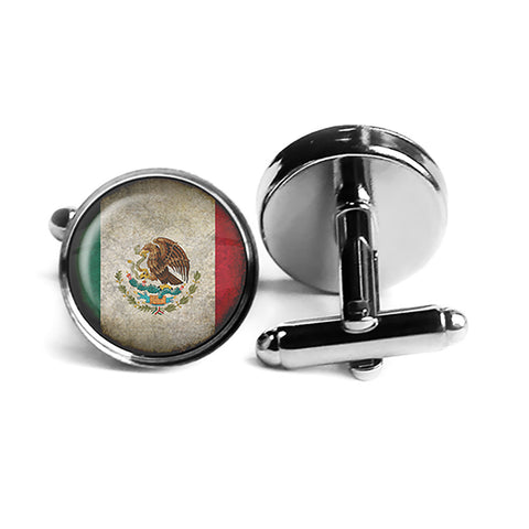 Mexico Mexican Flag Rhodium Silver Cufflinks
