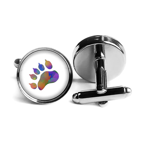 Bear Paw Print Rainbow Watercolor Rhodium Silver Cufflinks
