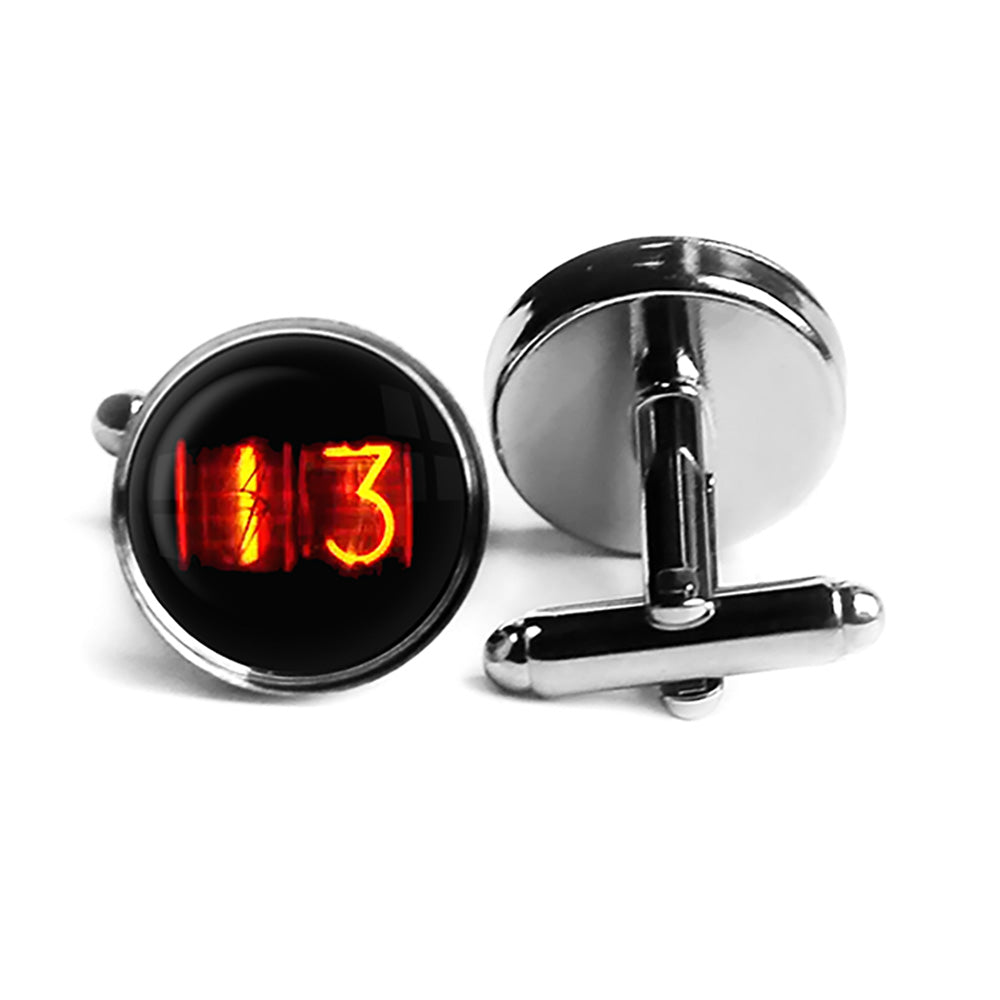 Dieselpunk Steampunk Cyberpunk Nixie Tube Print Number 13 Thirteen Halloween Rhodium Silver Cufflinks