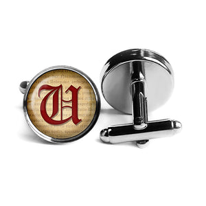 U Letter Old English Gothic Blackletter Magna Carta Rhodium Silver Cufflinks