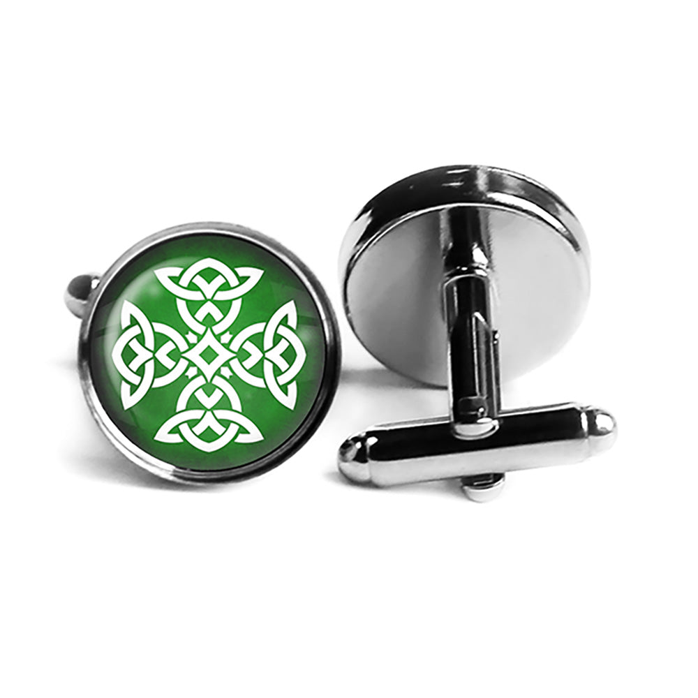 Celtic Knot White on Green Rhodium Silver Cufflinks