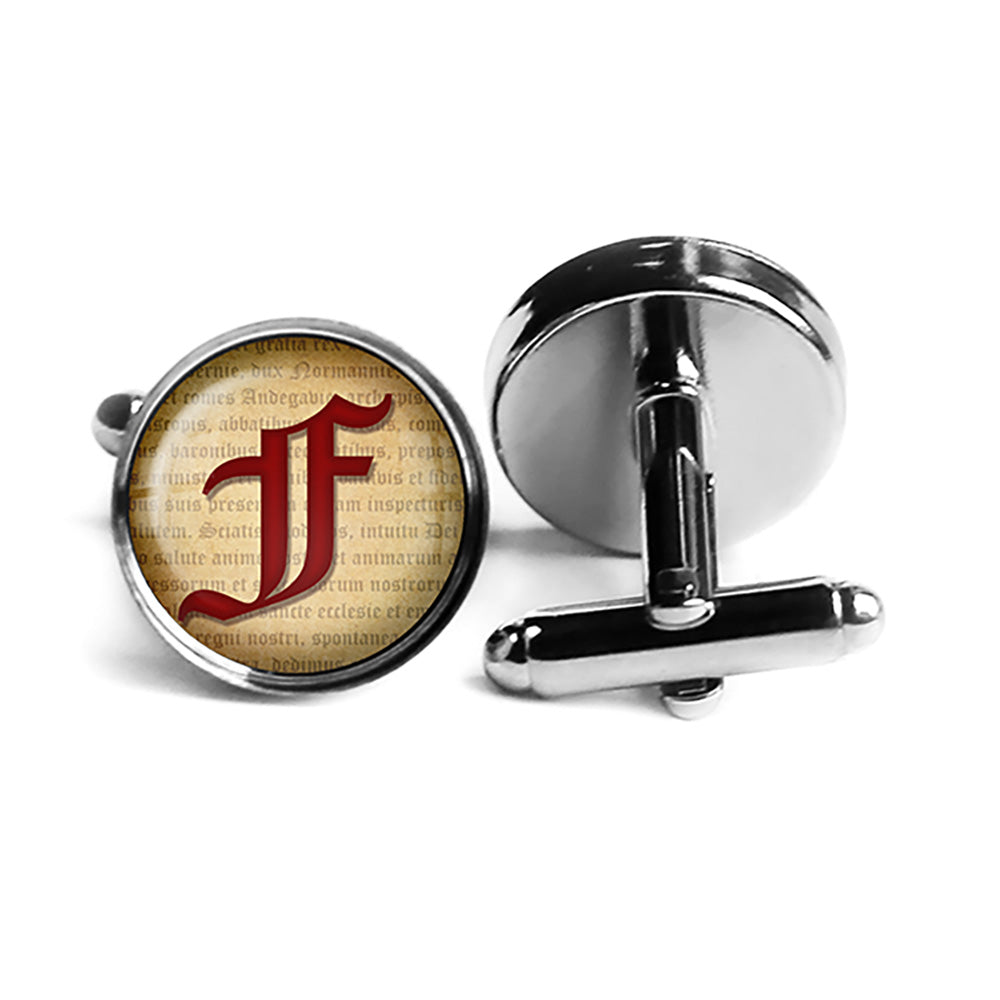 F Letter Old English Gothic Blackletter Magna Carta Rhodium Silver Cufflinks