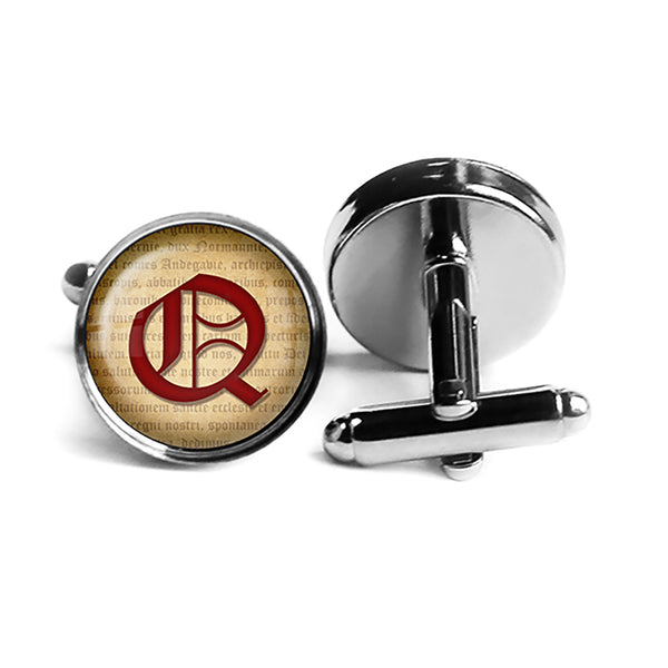 Q Letter Old English Gothic Blackletter Magna Carta Rhodium Silver Cufflinks