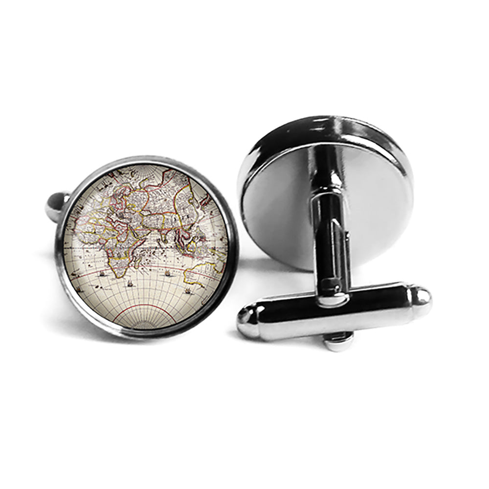 Ancient Old Map UK Europe Russia Asia Rhodium Silver Cufflinks