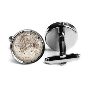 Ancient Old Map UK Europe Russia Asia Rhodium Silver Cufflinks