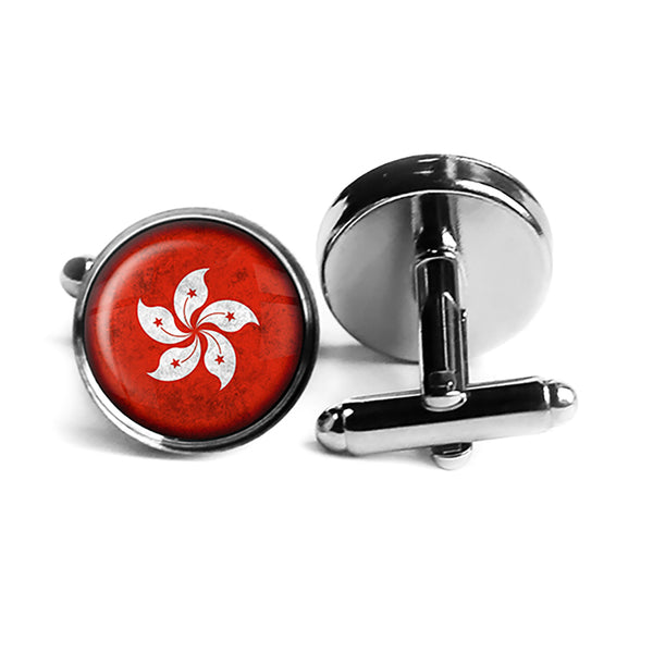 Hong Kong 香港 Flag Rhodium Silver Cufflinks