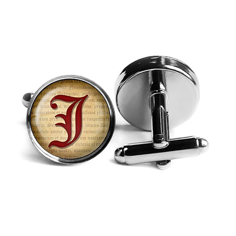 J Letter Old English Gothic Blackletter Magna Carta Rhodium Silver Cufflinks