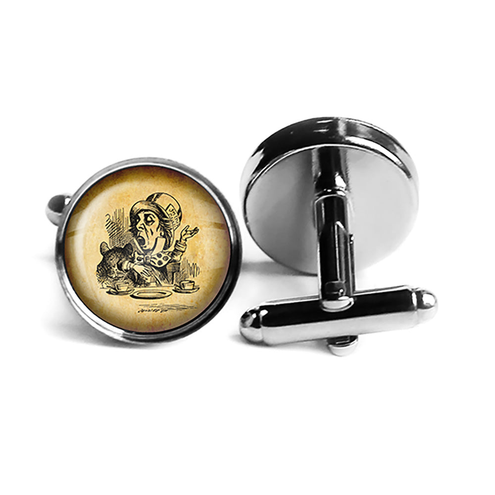 Alice in Wonderland Mad Hatter Tea Party Rhodium Silver Cufflinks