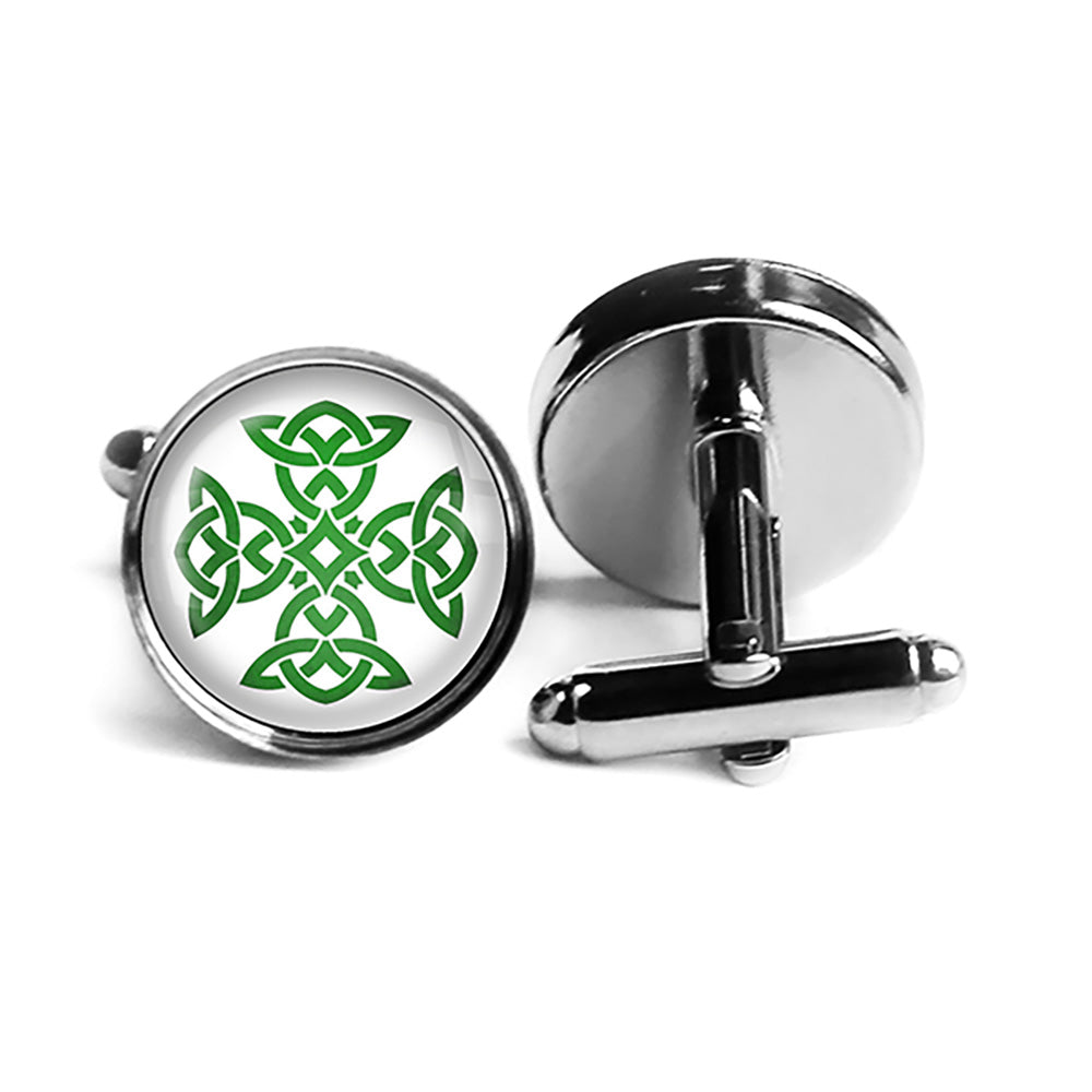 Celtic Knot Cross Green on White Rhodium Silver Cufflinks