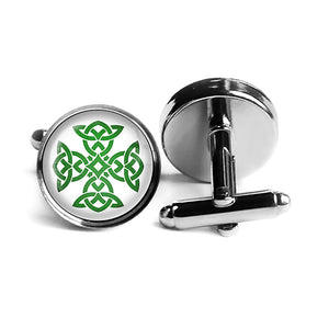 Celtic Knot Cross Green on White Rhodium Silver Cufflinks