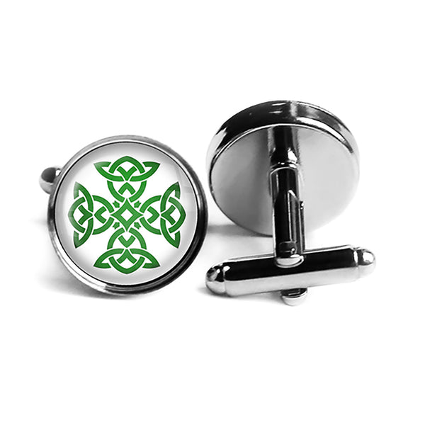 Celtic Knot Cross Green on White Rhodium Silver Cufflinks