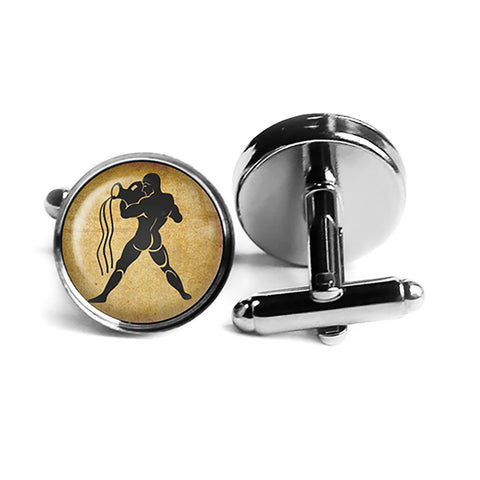 Zodiac Symbol Astrology Aquarius Rhodium Silver Cufflinks