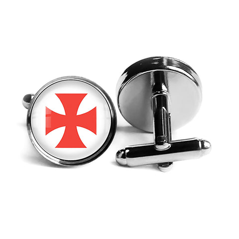 Knights Templar Cross Red on White Rhodium Silver Cufflinks
