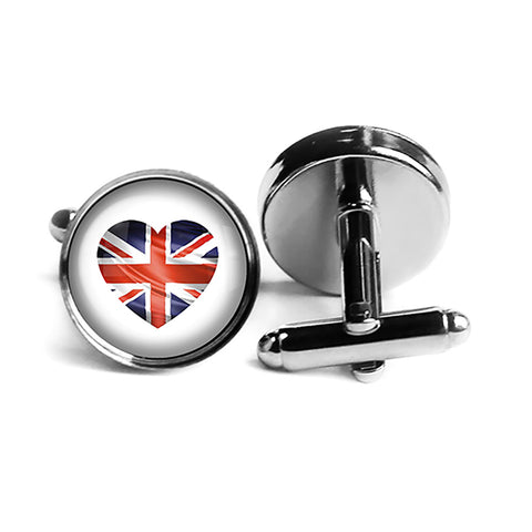 UK United Kingdom Flag Heart Rhodium Silver Cufflinks
