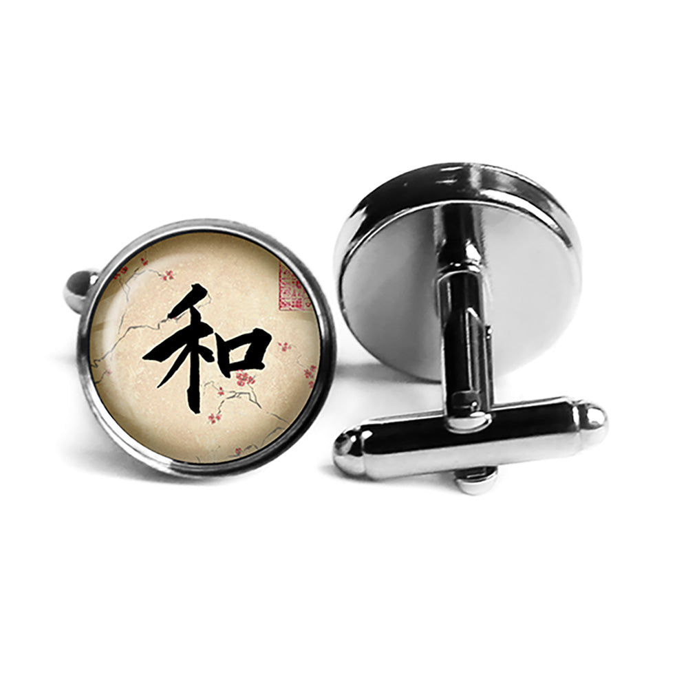 Japanese Calligraphy Kanji Harmony Rhodium Silver Cufflinks