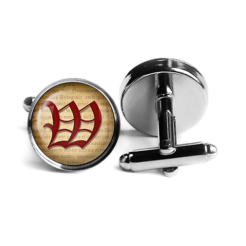 W Letter Old English Gothic Blackletter Magna Carta Rhodium Silver Cufflinks