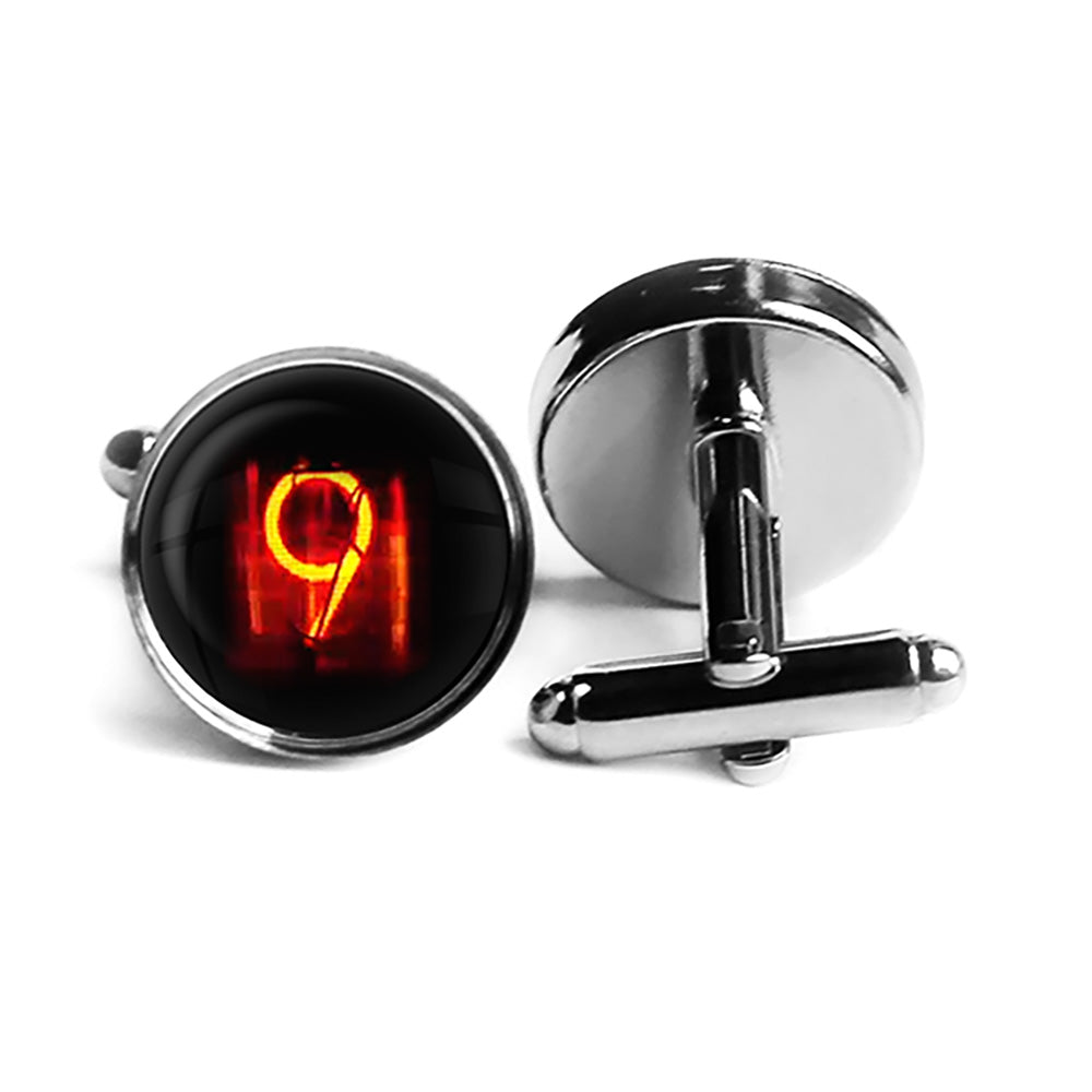 Dieselpunk Steampunk Cyberpunk Nixie Tube Print Number 9 Nine Rhodium Silver Cufflinks