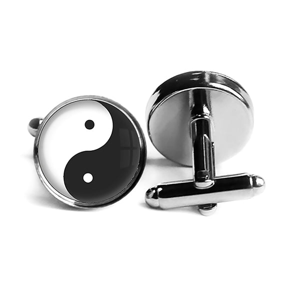 Yin Yang Black White Balance Rhodium Silver Cufflinks