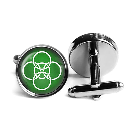 Celtic Symbol Celtic Symbol Five Fold Circles White on Green Rhodium Silver Cufflinks
