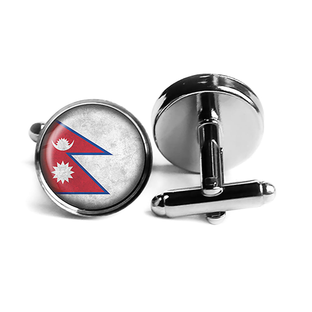 Nepal Nepalese Flag Rhodium Silver Cufflinks