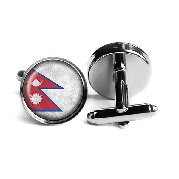 Nepal Nepalese Flag Rhodium Silver Cufflinks