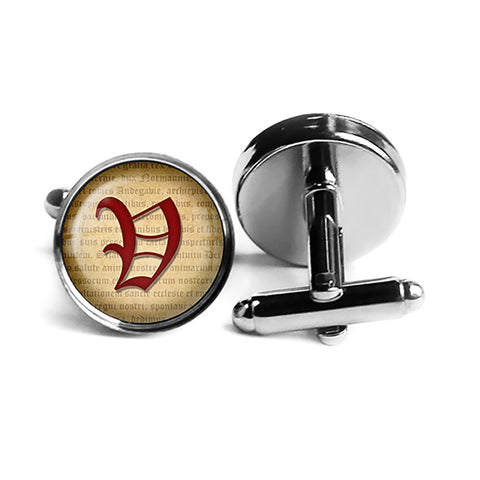 V Letter Old English Gothic Blackletter Magna Carta Rhodium Silver Cufflinks