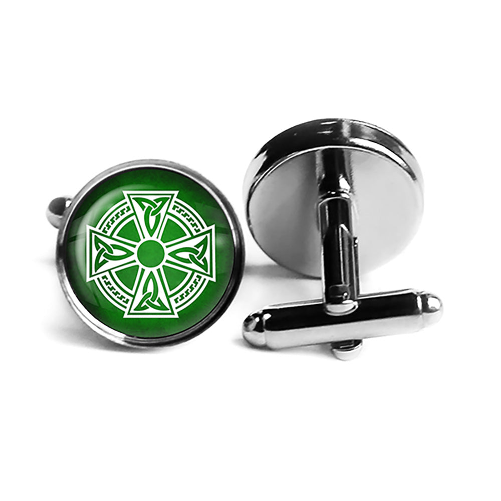 Celtic Symbol Triquetras White on Green Rhodium Silver Cufflinks