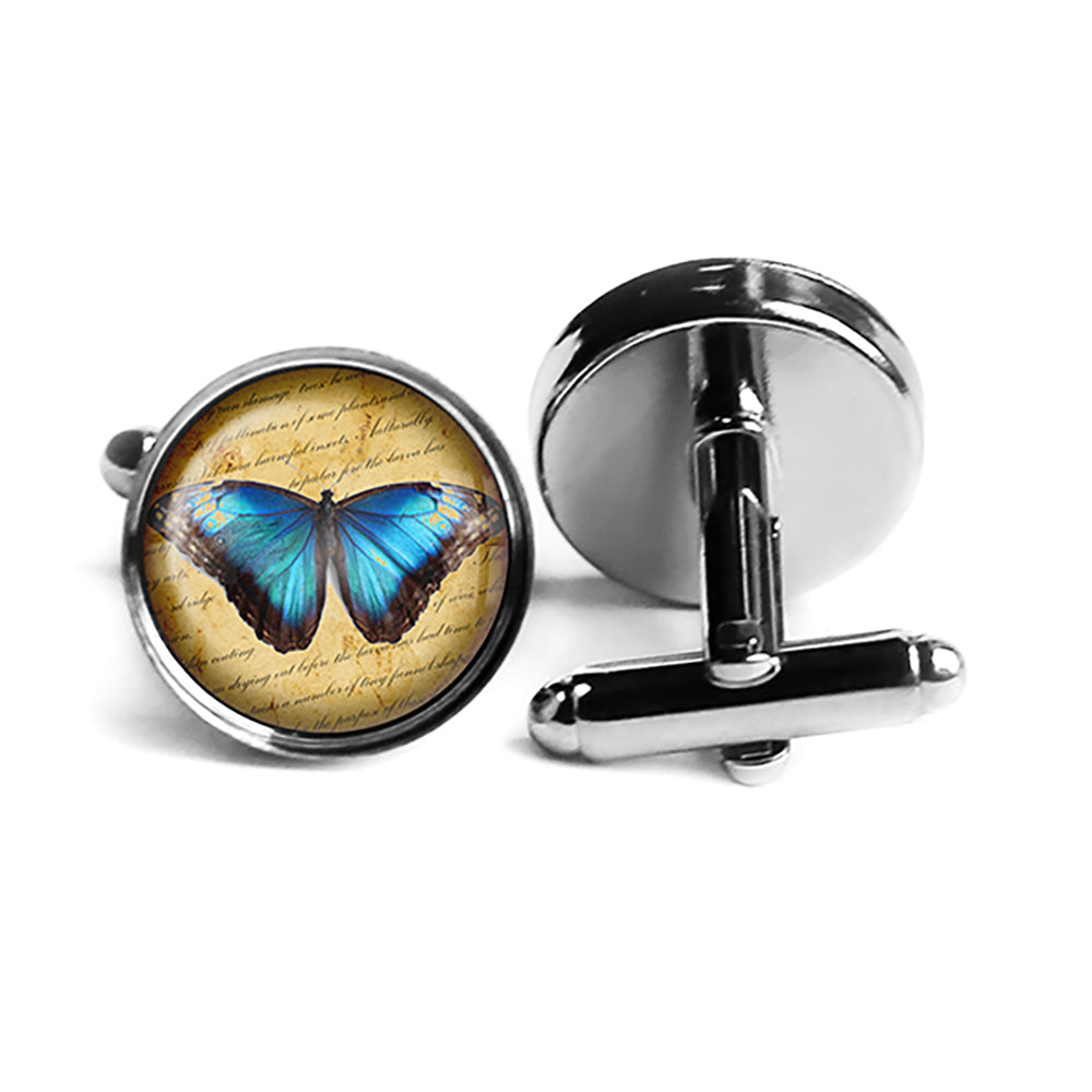 Blue Butterfly Rhodium Silver Cufflinks