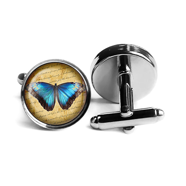 Blue Butterfly Rhodium Silver Cufflinks