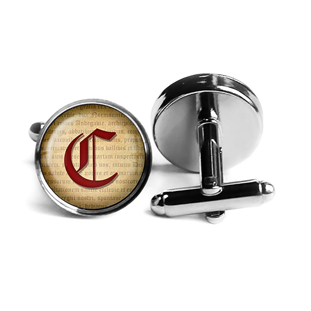 C Letter Old English Gothic Blackletter Magna Carta Rhodium Silver Cufflinks