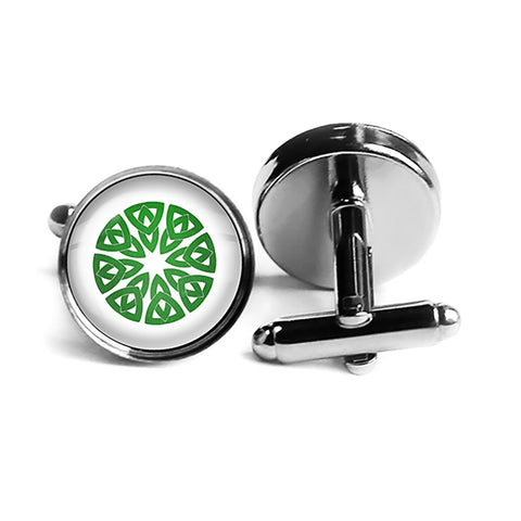 Celtic Knot Circle Green on White Rhodium Silver Cufflinks