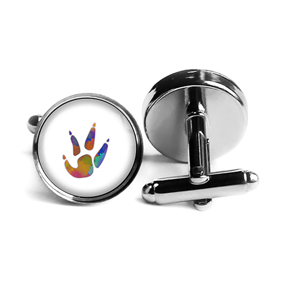 Chicken Paw Print Rainbow Watercolor Rhodium Silver Cufflinks