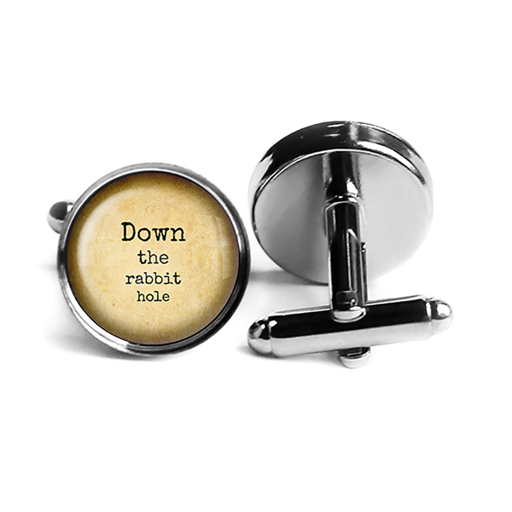 Alice in Wonderland Down the Rabbit Hole Rhodium Silver Cufflinks