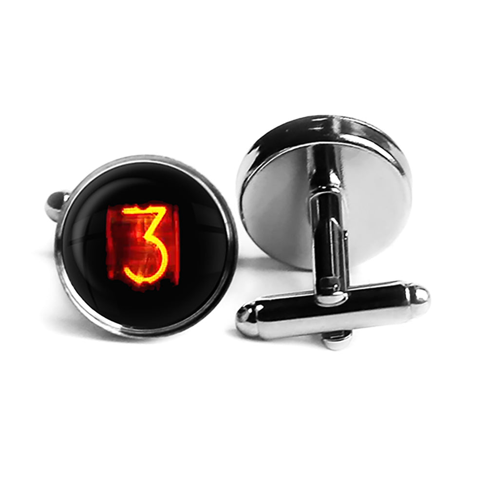 Dieselpunk Steampunk Cyberpunk Nixie Tube Print Number 3 Three Rhodium Silver Cufflinks
