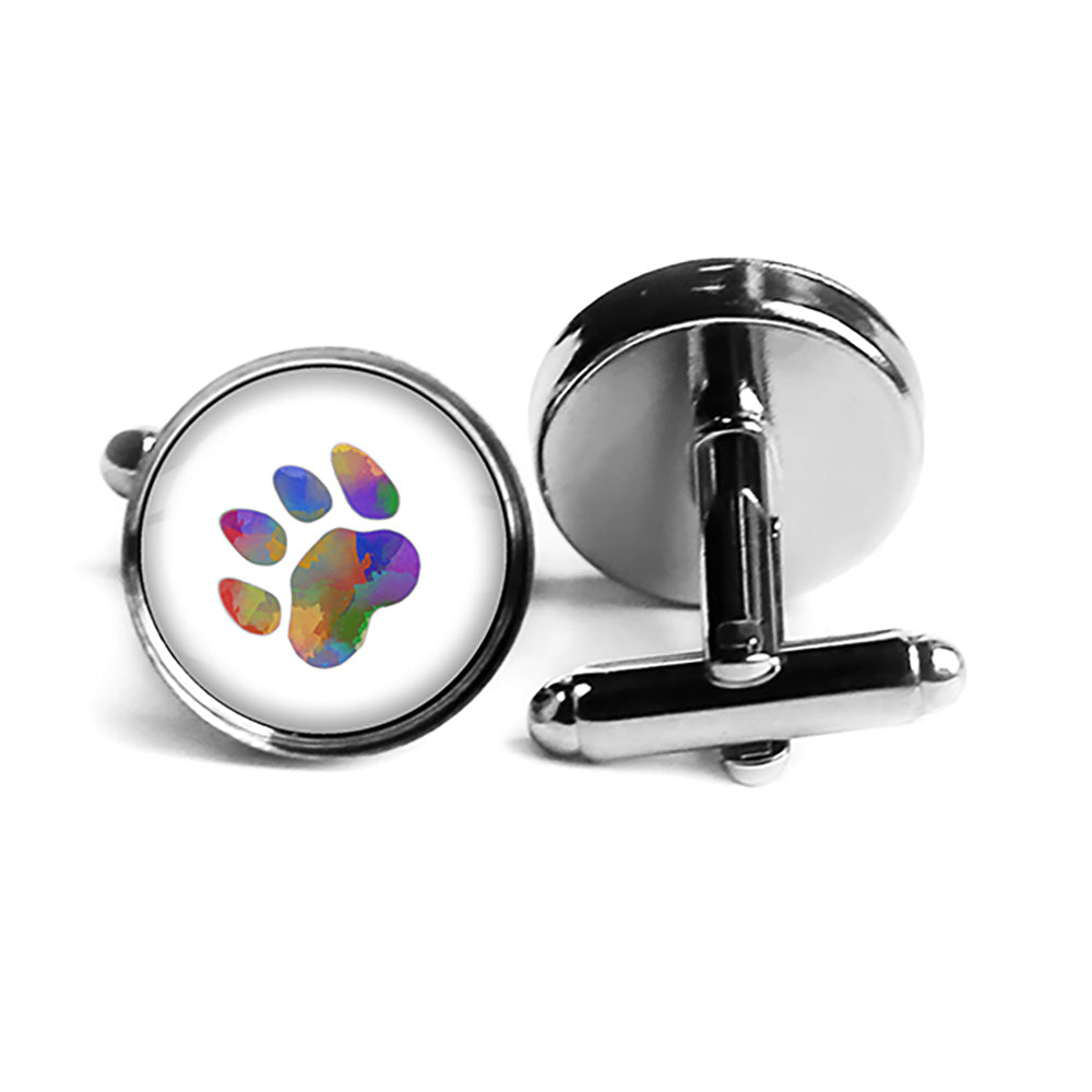 Cat Paw Print Rainbow Watercolor Rhodium Silver Cufflinks