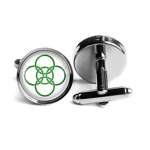 Celtic Five Fold Circle Green on White Rhodium Silver Cufflinks