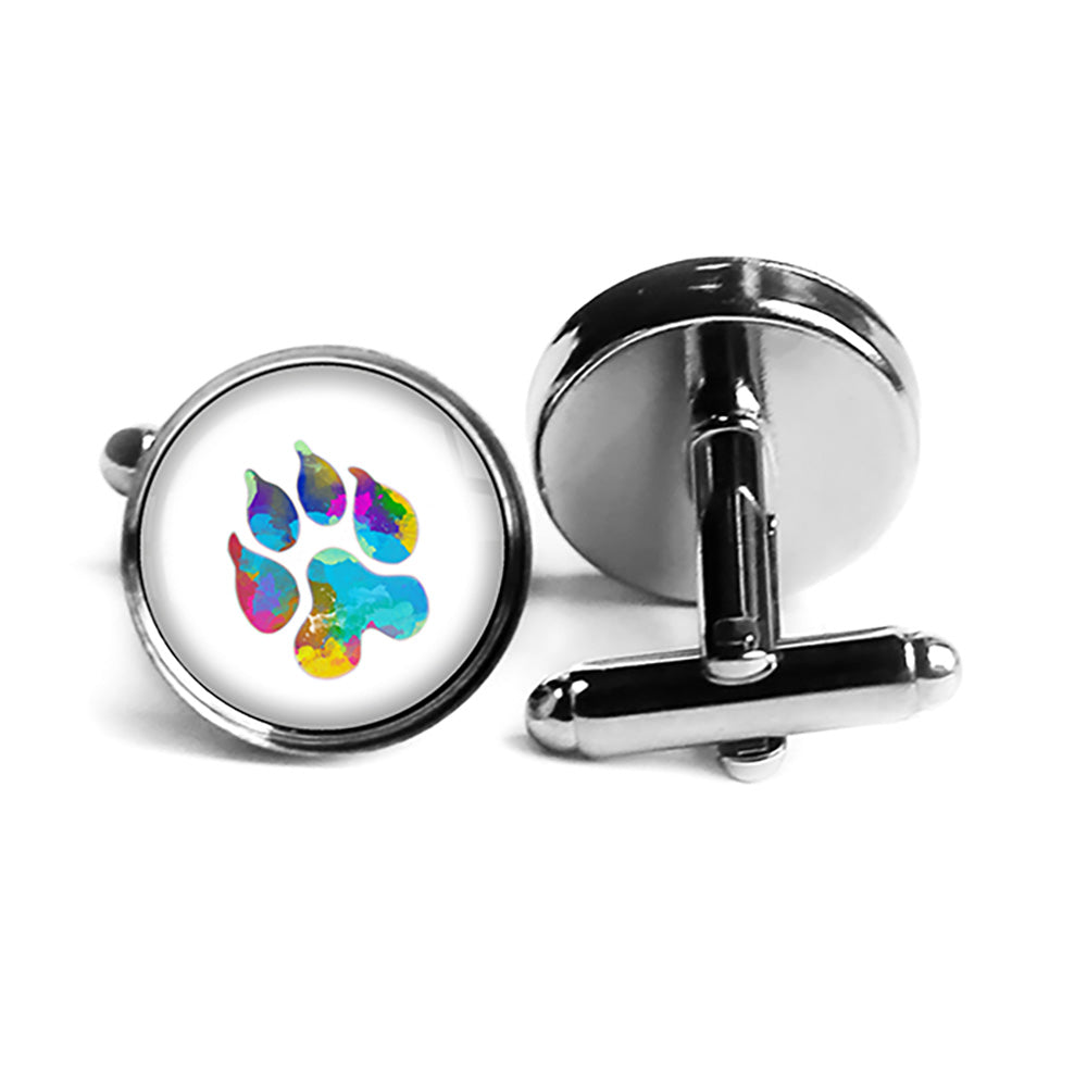 Leopard Paw Print Rainbow Watercolor Rhodium Silver Cufflinks