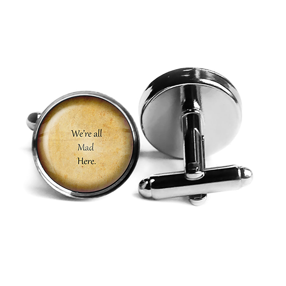 Alice in Wonderland We're all Mad Here Rhodium Silver Cufflinks