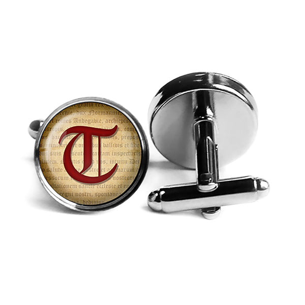 T Letter Old English Gothic Blackletter Magna Carta Rhodium Silver Cufflinks