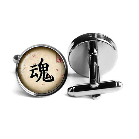 Japanese Calligraphy Kanji Soul Rhodium Silver Cufflinks