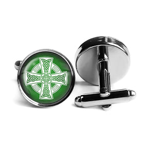 Celtic Cross White on Green Rhodium Silver Cufflinks