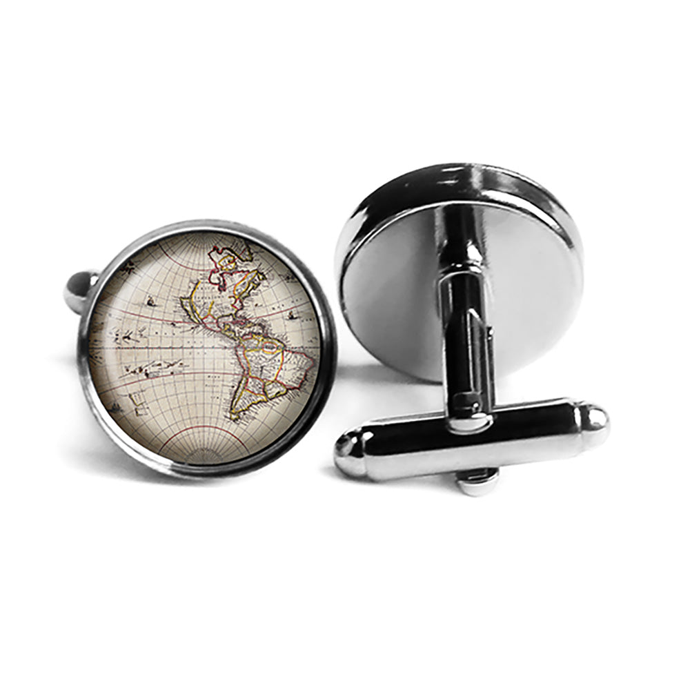 Ancient Map North South America Canada Rhodium Silver Cufflinks