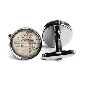 Ancient Map North South America Canada Rhodium Silver Cufflinks