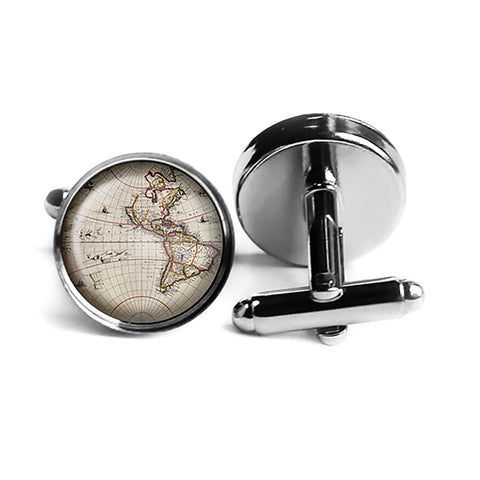 Ancient Map North South America Canada Rhodium Silver Cufflinks