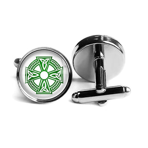 Celtic Symbol Triquetras Green on White Rhodium Silver Cufflinks