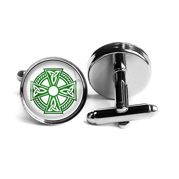Celtic Symbol Triquetras Green on White Rhodium Silver Cufflinks