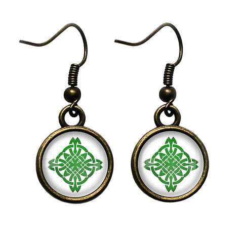 Celtic Knot Circle Green on White Antique Bronze Earrings