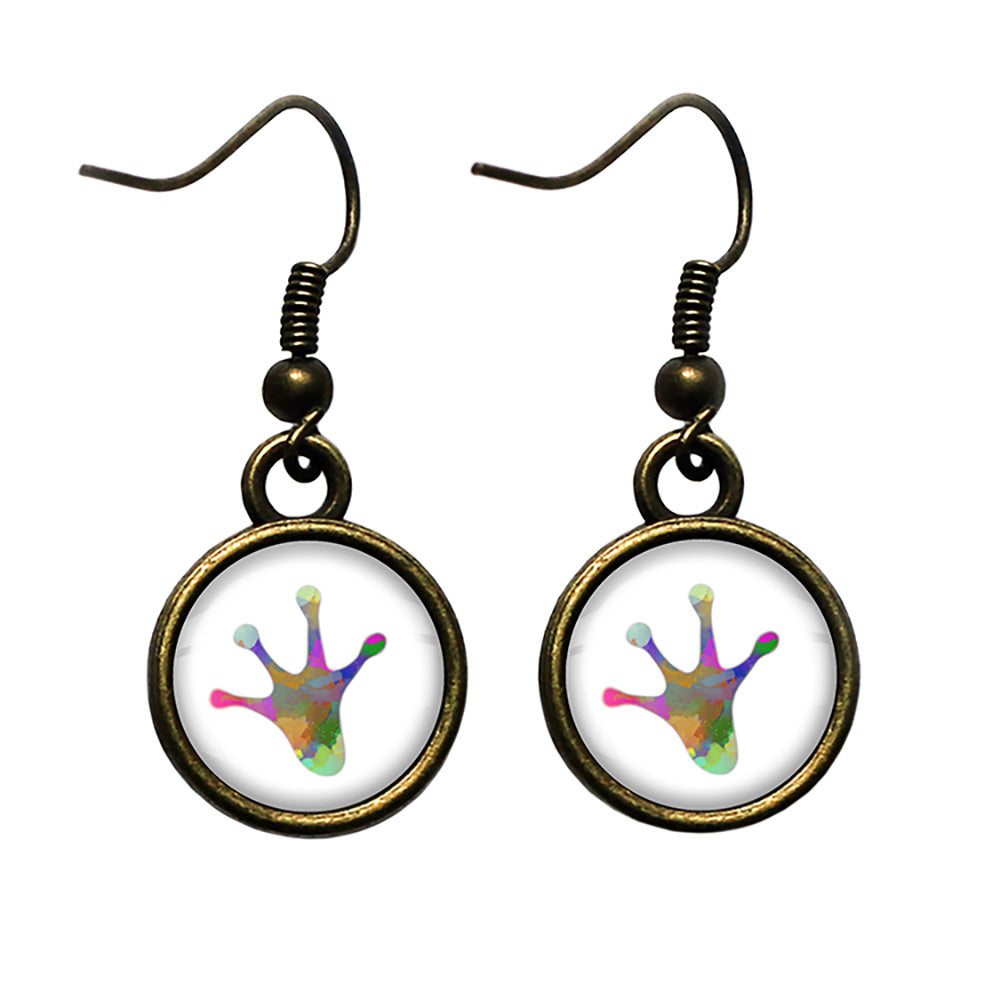 Frog Paw Print Rainbow Watercolor Antique Bronze Earrings