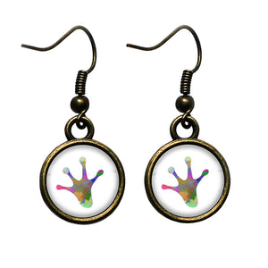 Frog Paw Print Rainbow Watercolor Antique Bronze Earrings