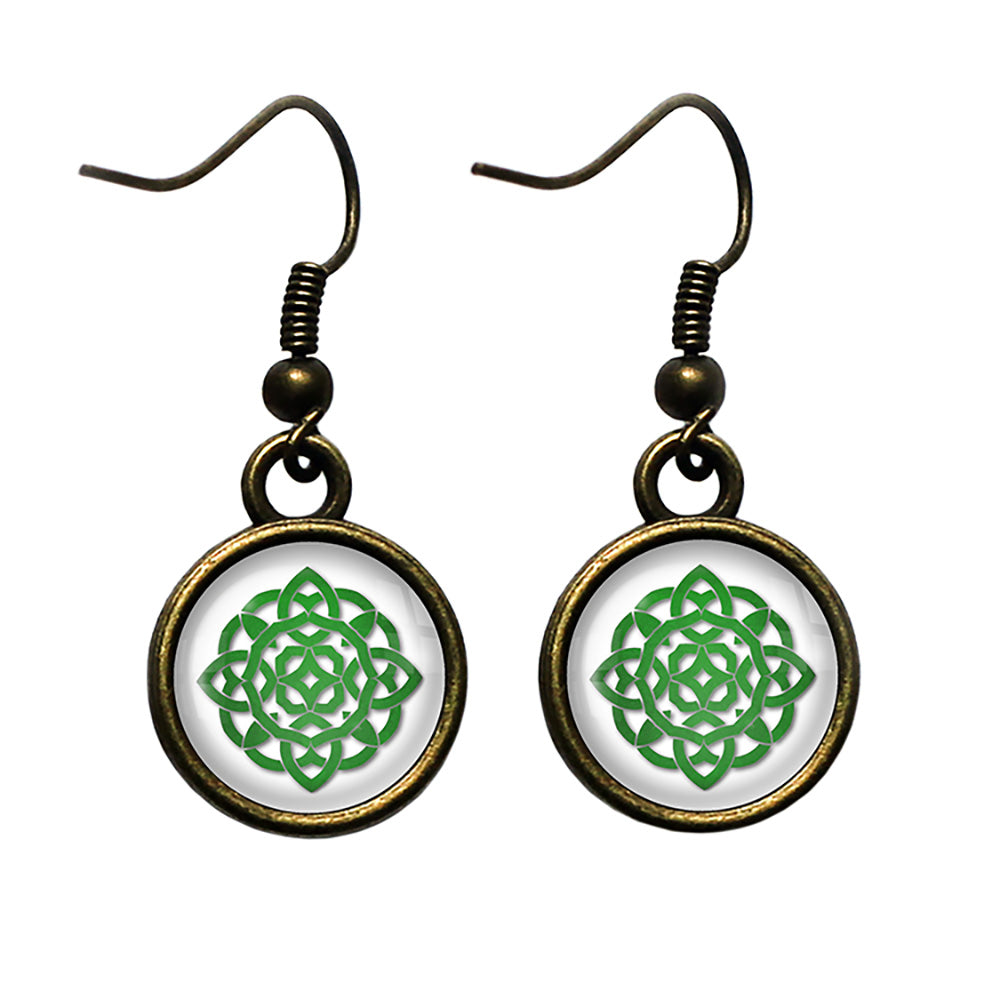 Celtic Knot Circle Green on White Antique Bronze Earrings